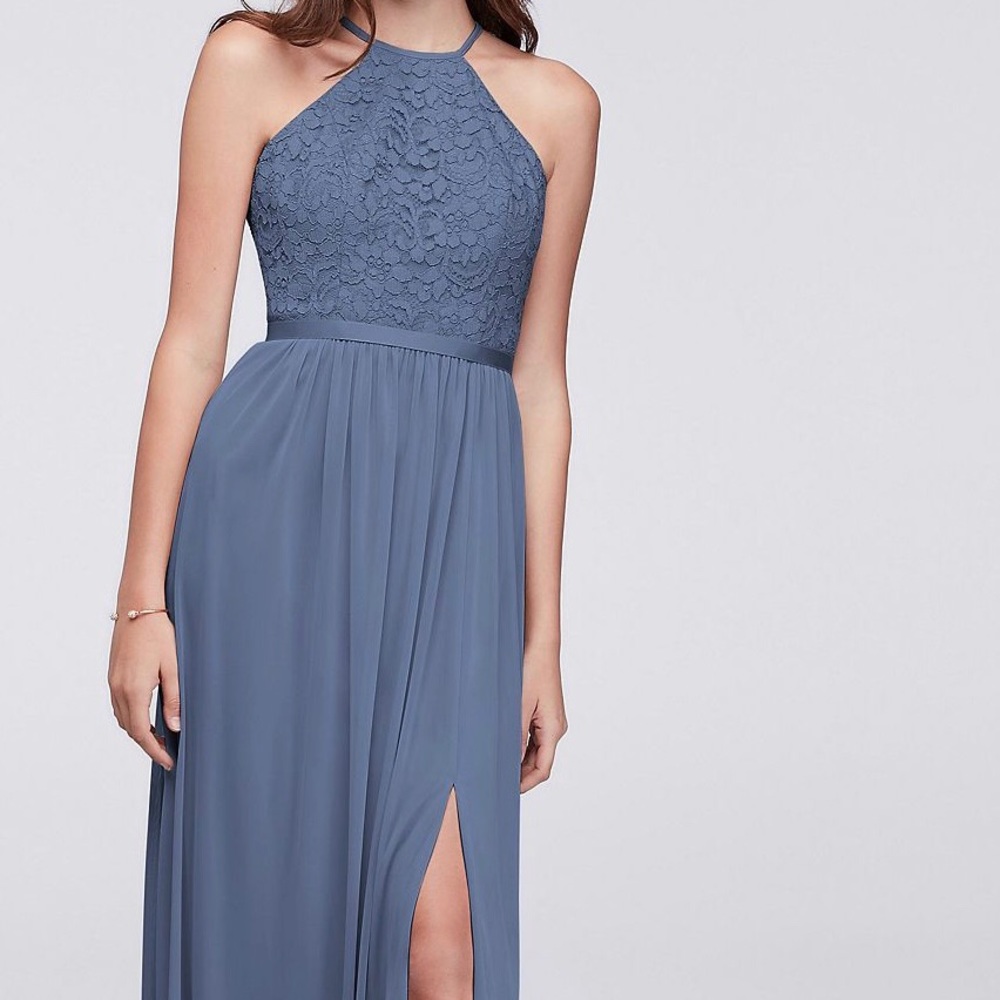 David’s Bridal Steel Blue Dress (style F19608)